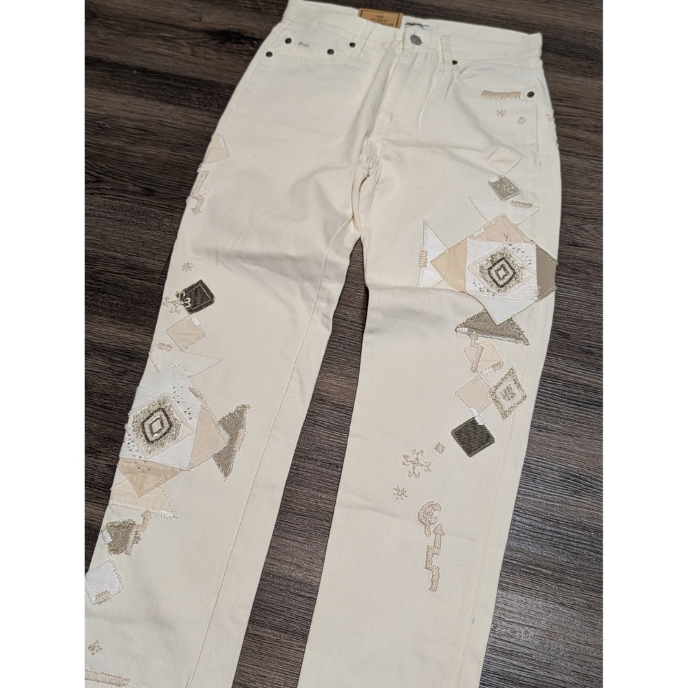 Polo Ralph Lauren Avery Boyfriend Patchwork Jeans Womens 25 Cream Beaded NWT‎